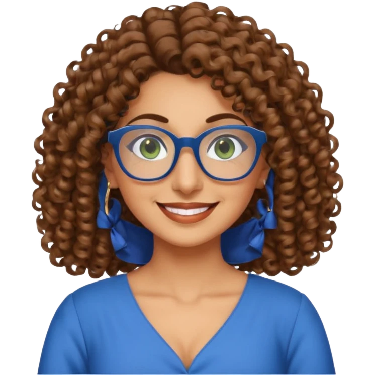 40 yr old Iranian woman, light brown very curly thick hair, shoulder length hair, green eyes, tan skin, big smile, big glasses, with pretty blue dress emoji