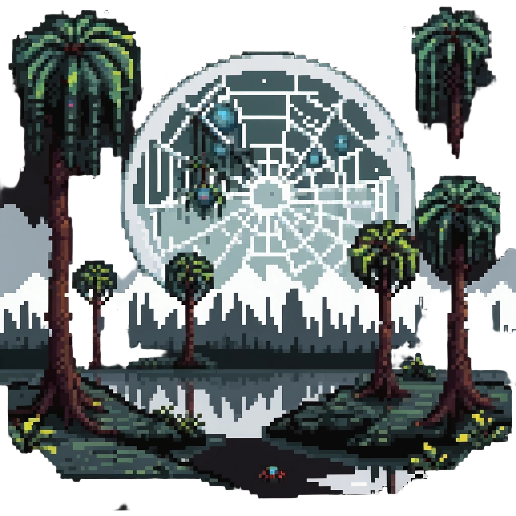 alien planet with giant trees and spider web cities emoji