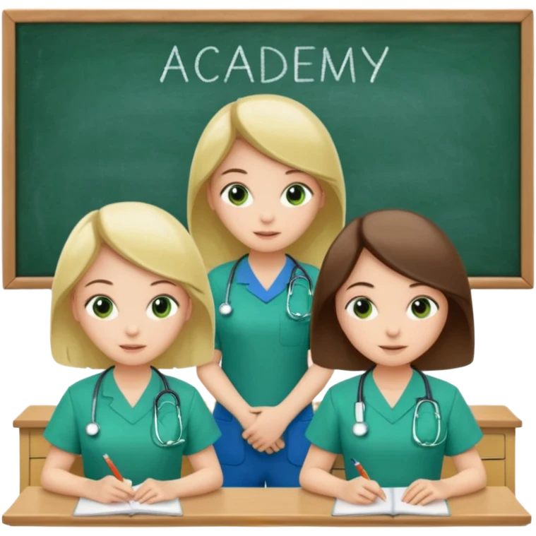 3 different nurses, wearing green and blue work clothes, in a classroom, "Academy" written in white on board emoji