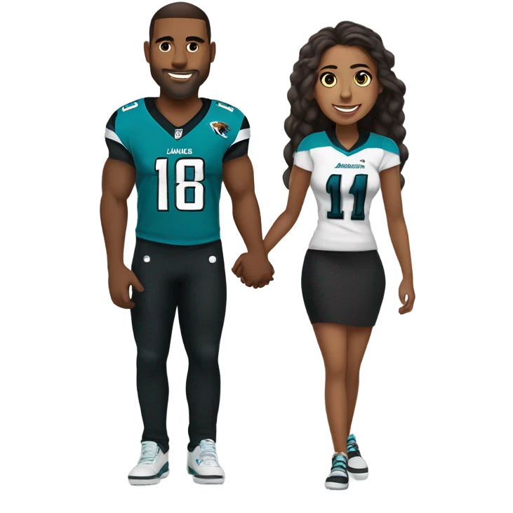 Brown guy and brown girl with hair in ponytail withJacksonville jaguars  clothes holding hands emoji