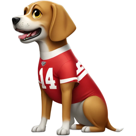 Dog with a shark fin on his back wearing Nebraska Cornhusker jersey  emoji