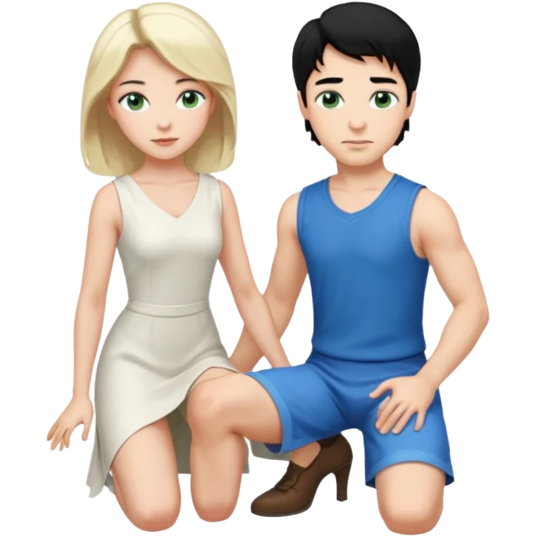 prince, upright, black Hair, blue eyes, garment, and woman, bending knee, sleveless white dress, blonde hair, green eyes, emoji