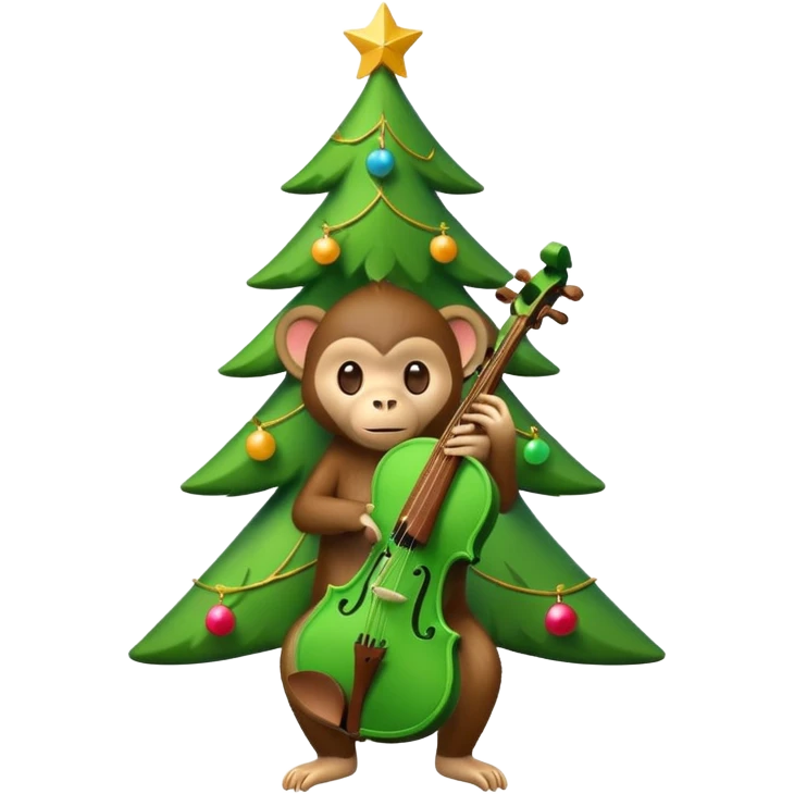 A cute, minimal emoji-style Christmas tree with a bright green triangular shape decorated and a small playful monkey with a violin emoji