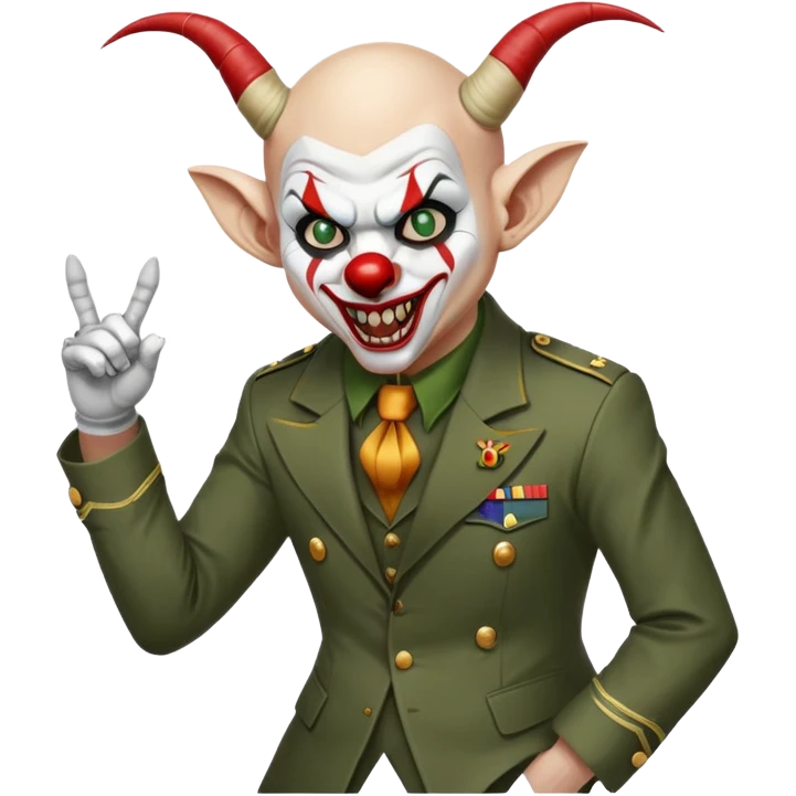 evil clown, bald, short goat horns on forehead, fangs, pointed ears, black and military green leisure suit, battle-ready fighting posture emoji