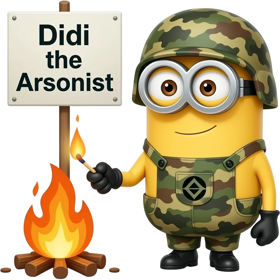 minion in army fatigues lighting a fire Text Didi the Arsonist emoji