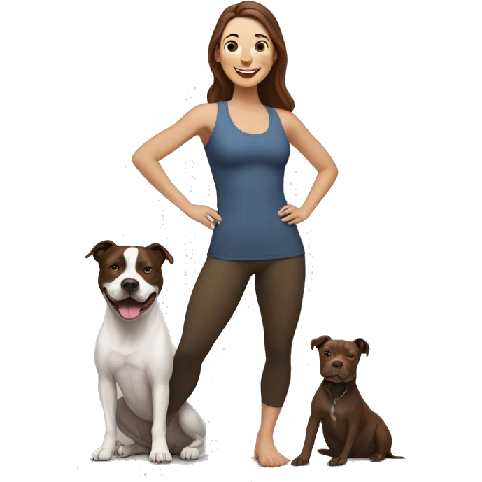 white woman with long dark brown hair expressing joy dressed in a yoga outfit alongside a pitbull dog emoji