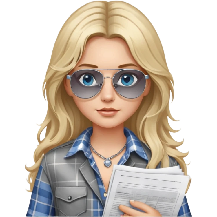 girl with long blond messy hair wearing grey plaid shirt with blue eyes and aviator sunglasses wearing a ring on her silver necklace, holding lawyer papers emoji