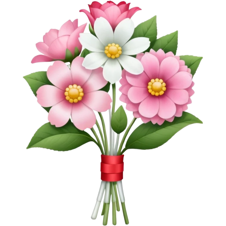 One pink flower and one white flower in transparent bouquet with red band  emoji