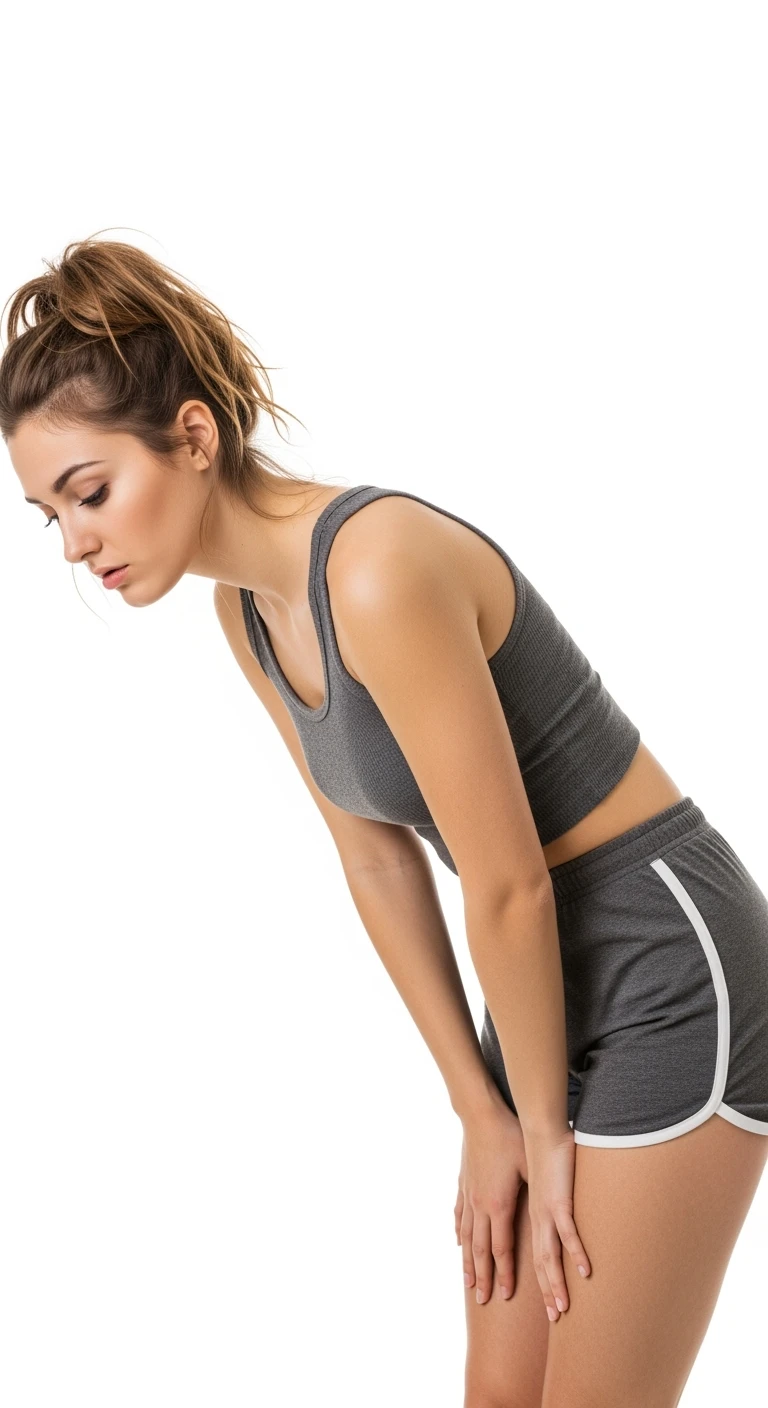 donna giovane con cellulite in gym short leggermente piegata in avanti, con espressione dispiaciuta in volto isolata su sfondo bianco emoji