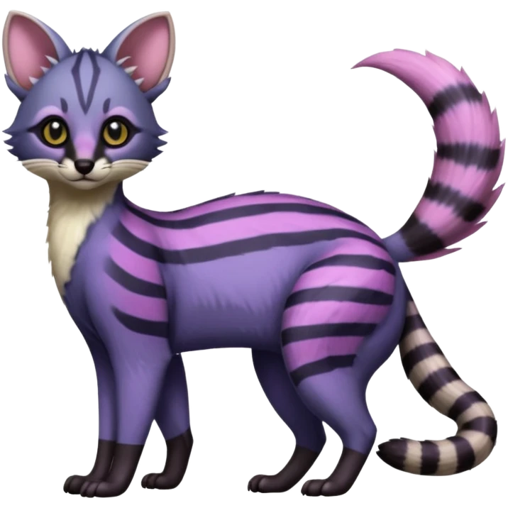 Cute elegant hyper-realistic lifelike furry Indigo, purple, violet, pink, Civet-Genet-Possum-Serval-Caracal-Sergal-Trico-Numbat-Furret-fusion-Fakemon-hybrid-creature (full body) with long tufted ears and a striped tufted tail  emoji