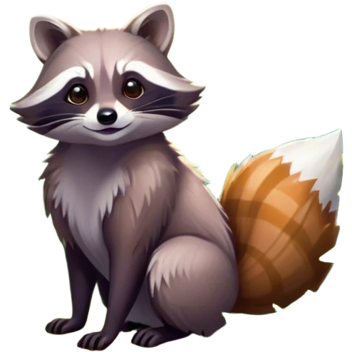Collage of a raccoon and a fox, in close-up, surrounded by a colorful forest with rich green trees, thick bushes, and vibrant foliage. Sunlight peeks through the branches, casting warm light on the animals. A lively, natural setting with a transparent background. emoji