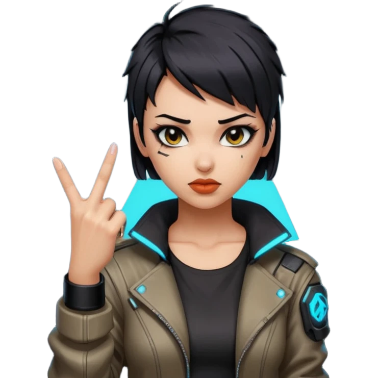 Woman with her tongue out in cyberpunk clothing and giving the middle finger. Looking naughty. emoji