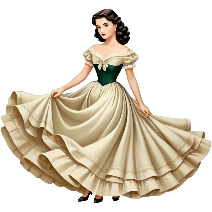 Icon for Romance Movie: A vintage movie poster-style design inspired by Gone with the Wind. Include romantic, sweeping imagery like Scarlett O'Hara in a flowing dress, Rhett Butler, a plantation backdrop, and fluttering wind-blown fabric. Soft, nostalgic cinematic feel. Transparent background. emoji