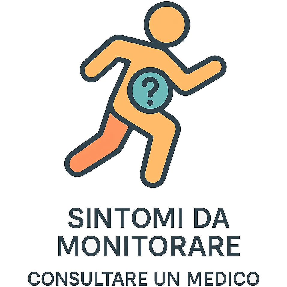 infografica in italiano, figura stilizzata di atleta con simbolo di punto interrogativo nella zona bassa, didascalie Sintomi da monitorare e Consultare un medico, stile educativo, sfondo bianco emoji