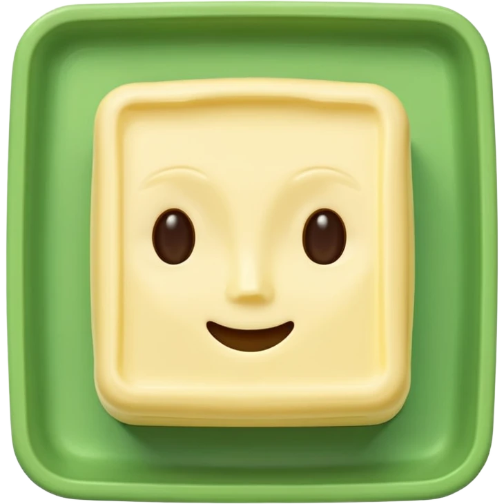 A 3D cartoon butter block identical to dairy butter, subtle green plate or tone difference, Memoji-style emoji