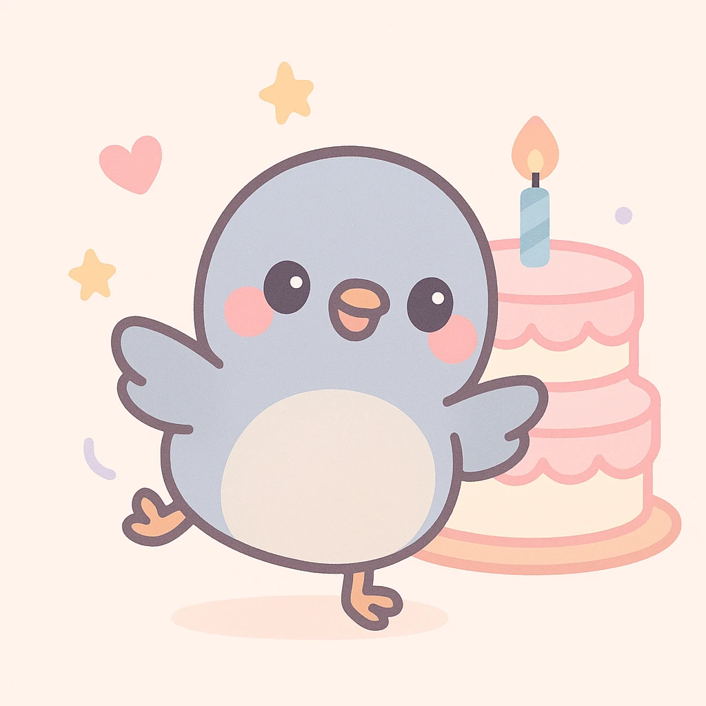 baby pigeon happily dancing in front of birthday cake, round and cute style, soft pastel tones emoji