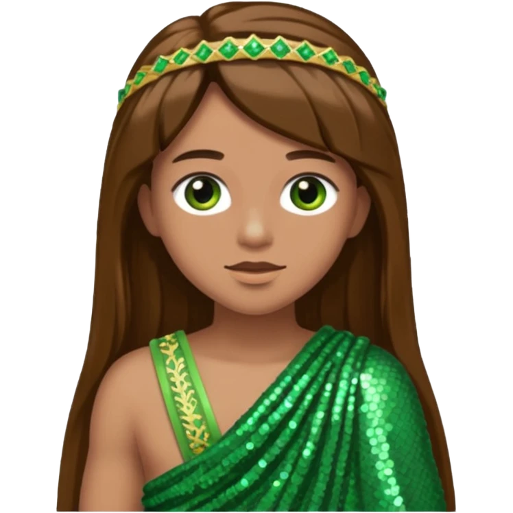 Terra from Roman Deities with long brown hair, green sequin toga emoji