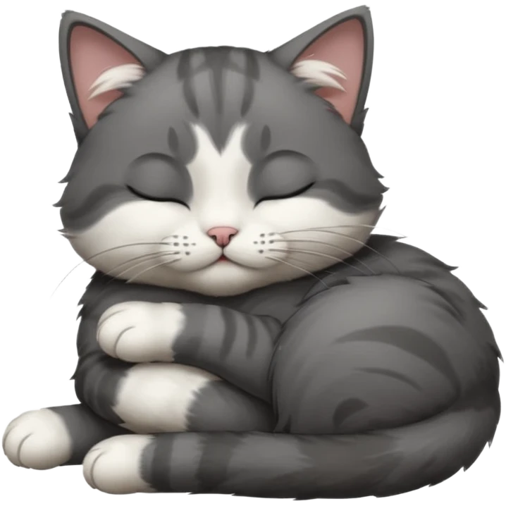 dark grey and white small cat with closed eyes, leaning his head on his paw while leaning on his elbow lying down emoji