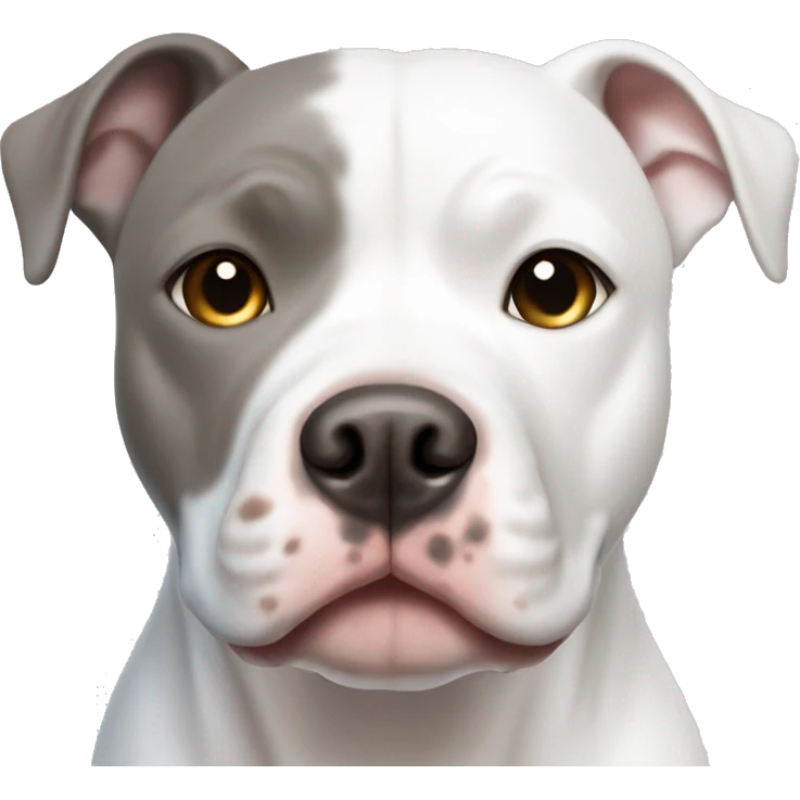 White pitbull with grey spot over right eye one blue and one brown eye emoji