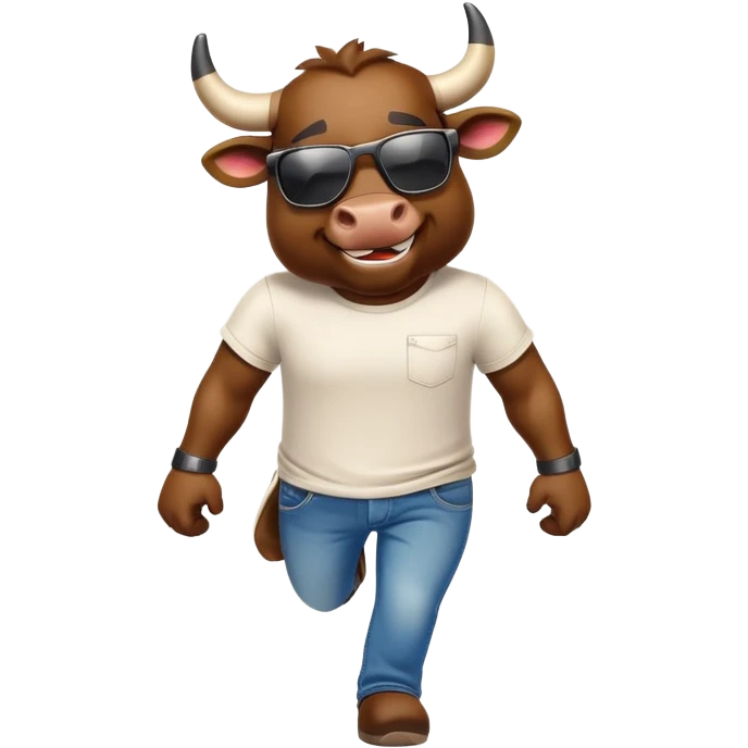 smiling bull character in jeans, t-shirt, and sunglasses, walking quickly emoji
