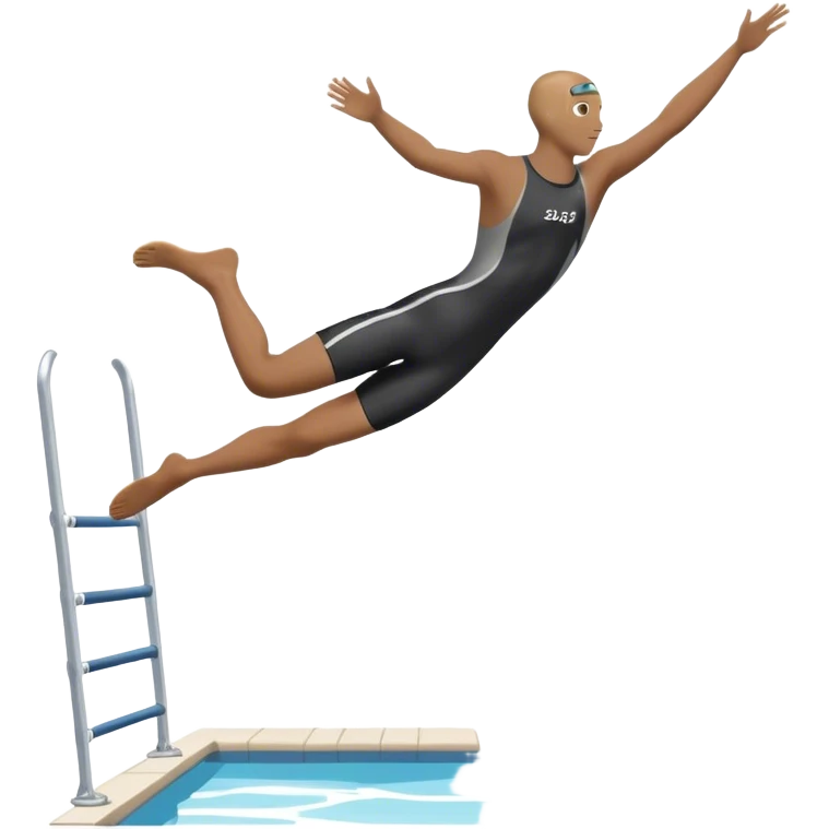 A diver mid-air after jumping off a diving pool,  Below him, a pool labeled "Confidence". A subtle 5-4-3-2-1 on the diving board shows they took the leap despite fear. emoji