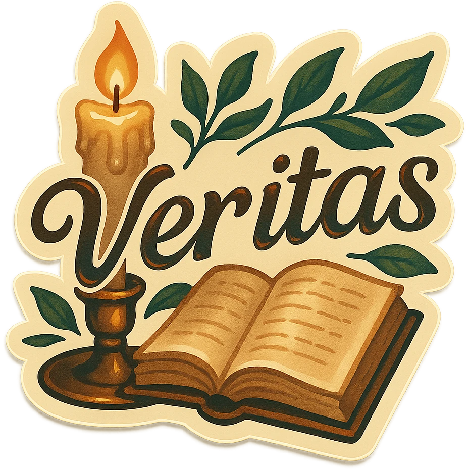 sticker with the Latin phrase 'Veritas' in handwritten script, surrounded by vintage candle, open book, and subtle forest leaves, soft textured dark academia and cottagecore style, warm muted tones, torn paper and ink drawing details emoji