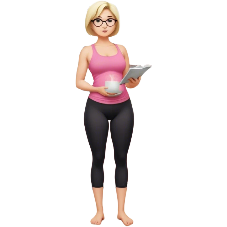 Full body view from the side, fair skinned woman, curvy, short blond hair, small reading glasses, cooking dinner in kitchen, pink loose tank top, showing natural B cup breast shape SFW, black yoga pants, large curvy booty emoji
