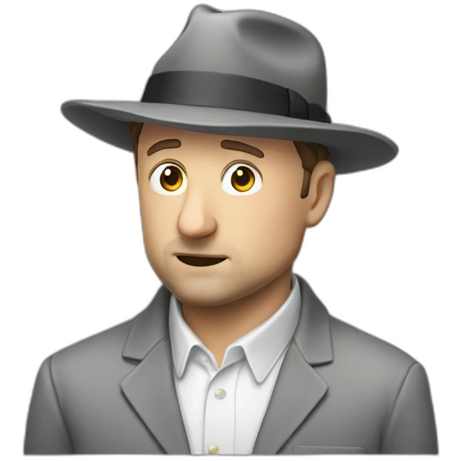 tim robinson wearing a grey fedora white shirt only looking scared and sad side view emoji