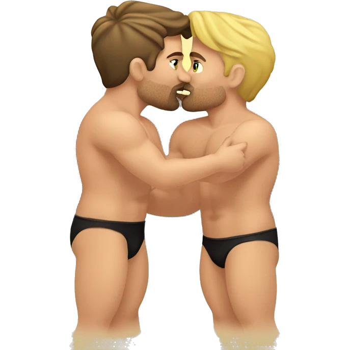 Caucasian Muscular gay men kissing wearing bikini emoji