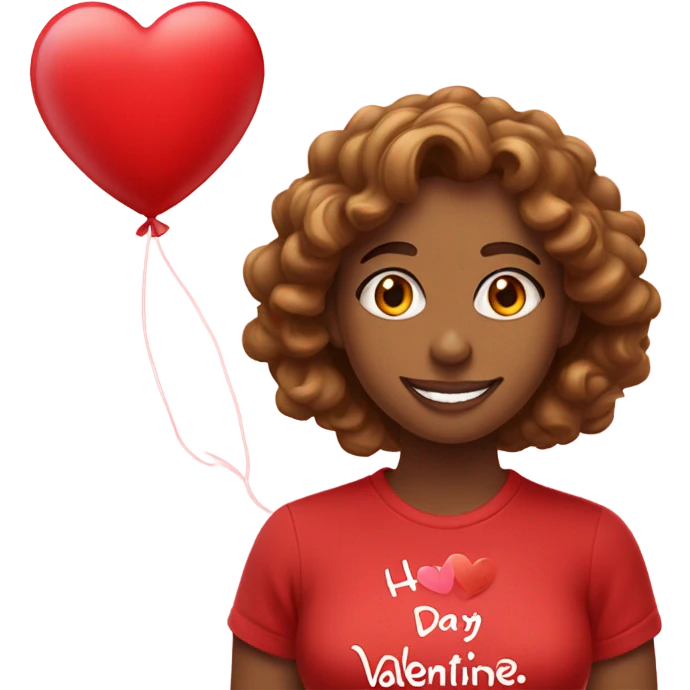 Light brown woman with long brown  curly hair with a red happy Valentine’s Day t-shirt emoji