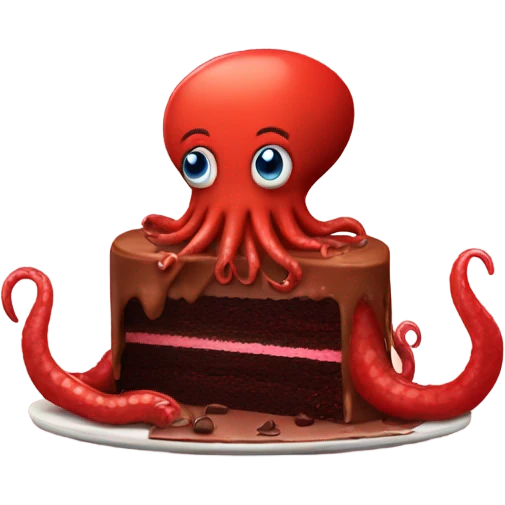 A red squid eating some chocolate cake emoji
