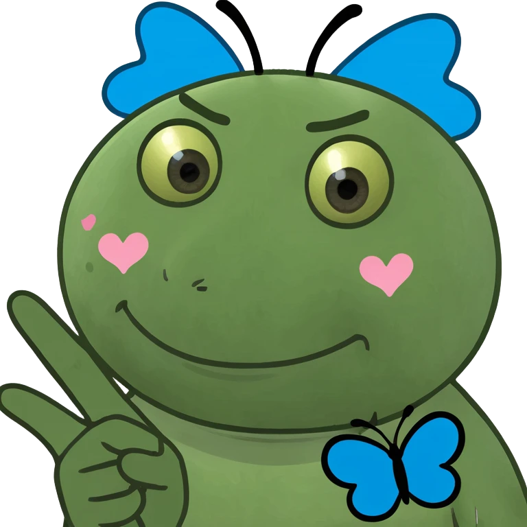 An emoji with large, pleading eyes, a pouting expression, making a peace sign gesture, with a blue butterfly above its head and small blue hearts near its temples emoji
