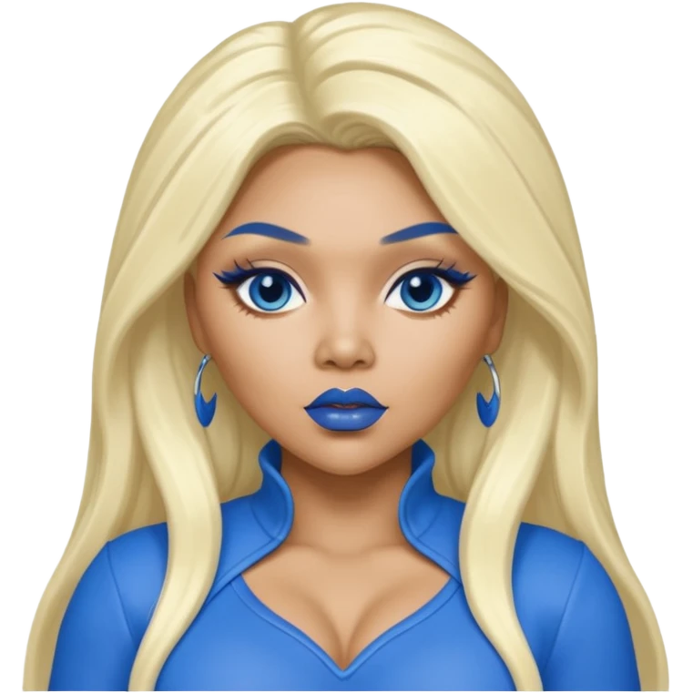 Lil Kim with long platinum blonde hair, blue lip and outfit emoji