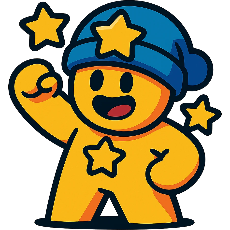 meeple character inspired by Brawl Stars, with star-shaped accessories, animated, fun emoji