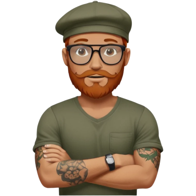Muscular looking red headed man with beard and rayban glasses wearing a scally cap with sleeve tattoos emoji
