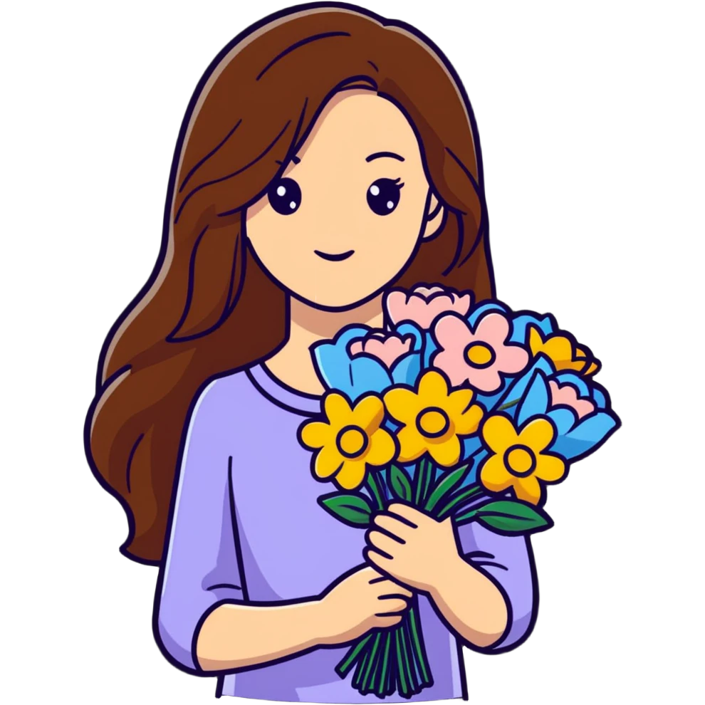 cool girl with long brown hair and fair skin holding a bouquet of flowers, stylish emoji