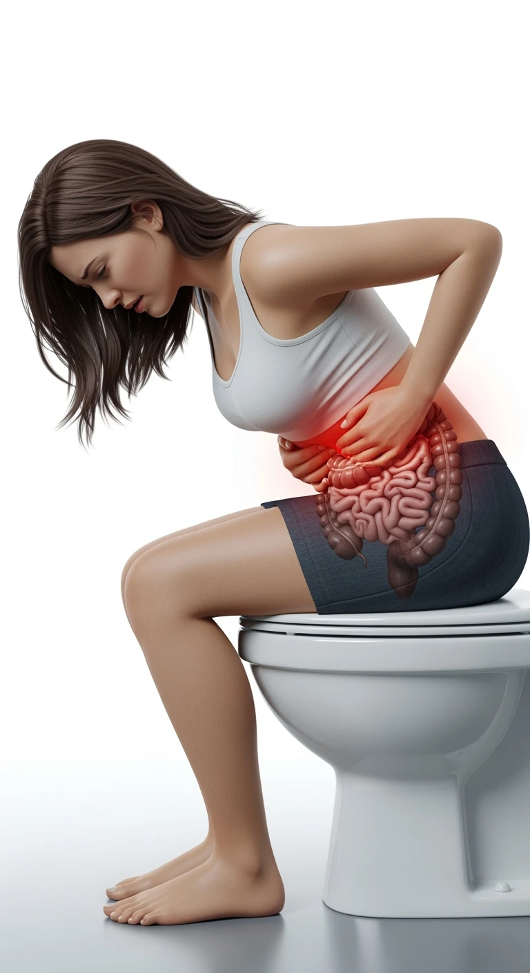 DONNA CON MAL DI PANCIA SEDUTA SUL WC MENTRE SI SFORZA, INTESTINO UMANO ANATOMICO IN EVIDENZA, IPERREALISTICA 4K, SFONDO BIANCO emoji