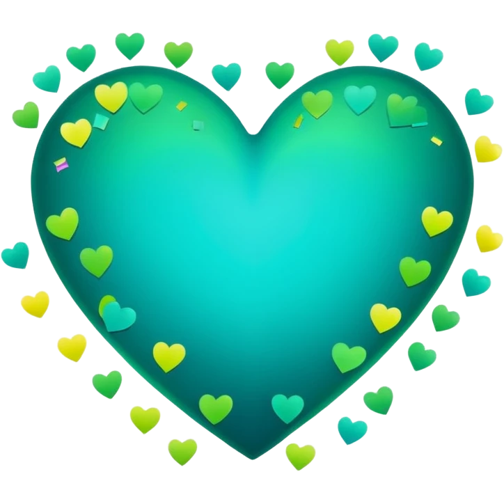 emoji: teal and neon green gradient heart with NYE celebration confetti from behind. emoji