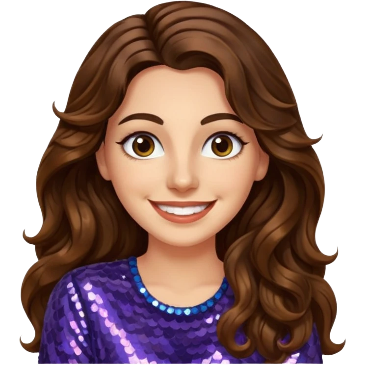 30 yr old italian woman, long brown wavy hair, big brown eyes, huge smile, sequin shirt, no bangs,  emoji