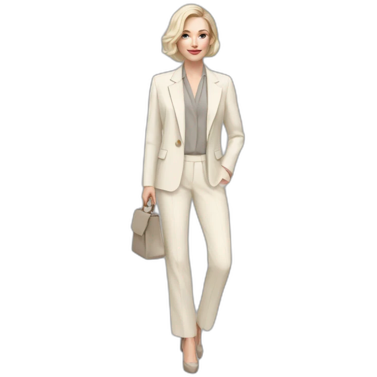 pale skin woman with ash blonde Straightened bob Hair, White Spacious classical jacket, beige palazzo Arrow pants and gray blouse holding a color palettes in the hands emoji