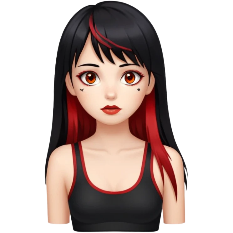 Girl. hazel eyes. Black hair with red long bangs highlights and red perk-a-boo underlights. Medium long hair. black strap crop top. birthmark under the lips on the left. Skinny face. emoji