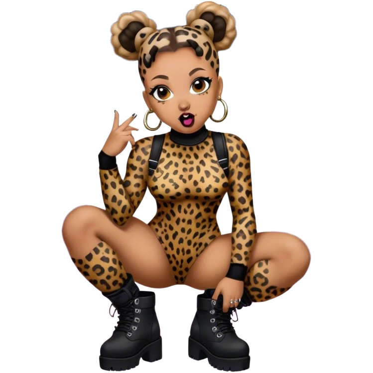 Melanie Brown with her hair in space buns and wearing a tight leopard print bodysuit and black combat boots, she’s showing off her tongue ring emoji