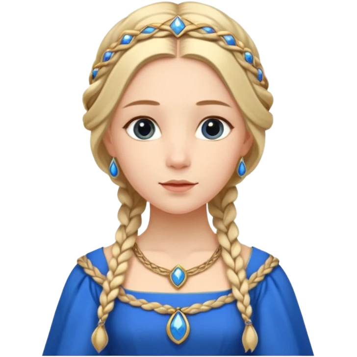 An emoji portrait of a medieval European princess. She wears a long-sleeved bliaut dress in a vibrant blue color, with a delicate golden circlet on her head. Her hair is braided in long tresses, and her expression is gentle and pious. emoji