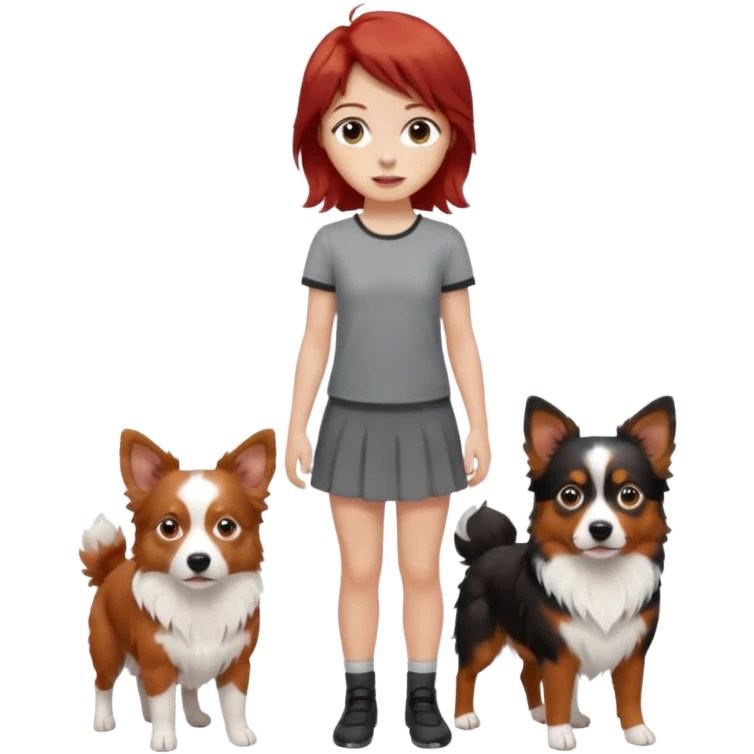 young woman with red hair standing with two mini Australian shepherds, brown white and black, boy bigger, girl smaller and delicate, emoji style emoji