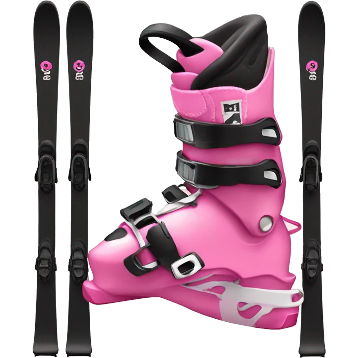 Pink ski boots and black standing skis behind boots emoji