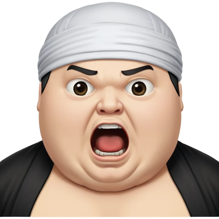 Super extreme tight close-up of just the face of morbidly obese white skin guy with young face, prominent BLACK DURAG tied clearly on head, black beard but no mustache, clean shaven upper lip, black eyes, mouth wide open screaming angrily emoji
