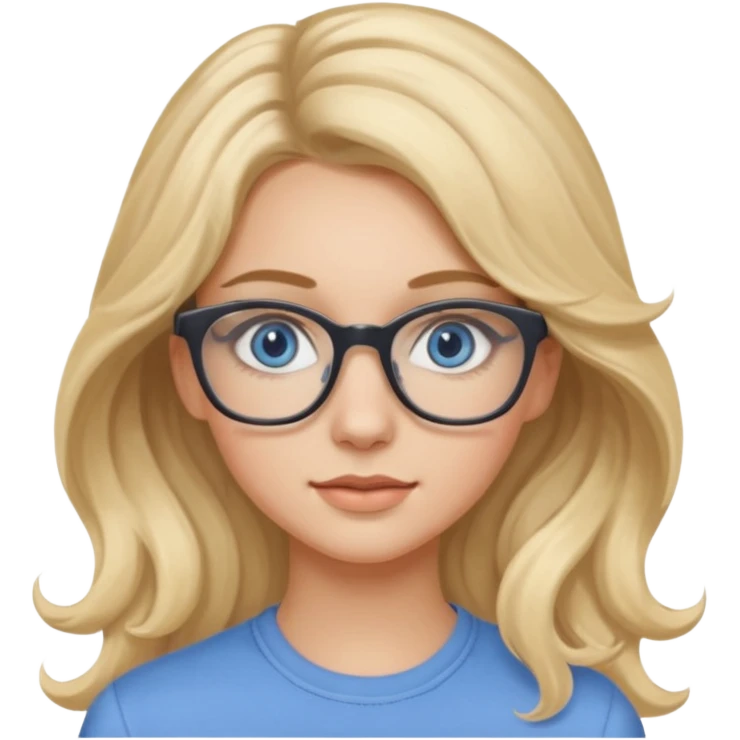 Fille 20ans qui a des cheveux long et blond et wavy avec des lunettes et des yeux bleu- gris avec du mascara sur les yeux emoji