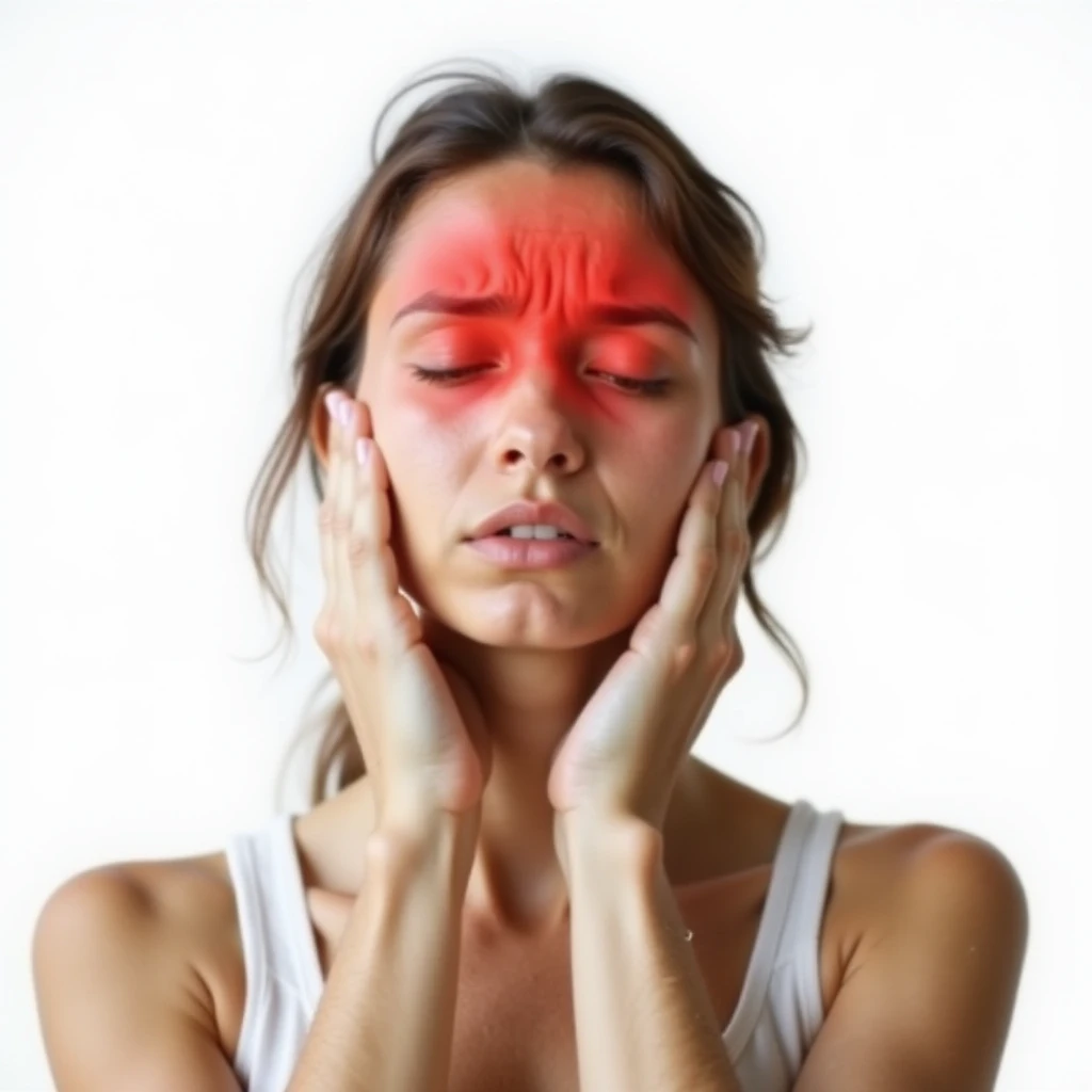 front view of a woman, head and upper shoulders only, head area highlighted in red for headache, suffering expression, realistic style, white background emoji