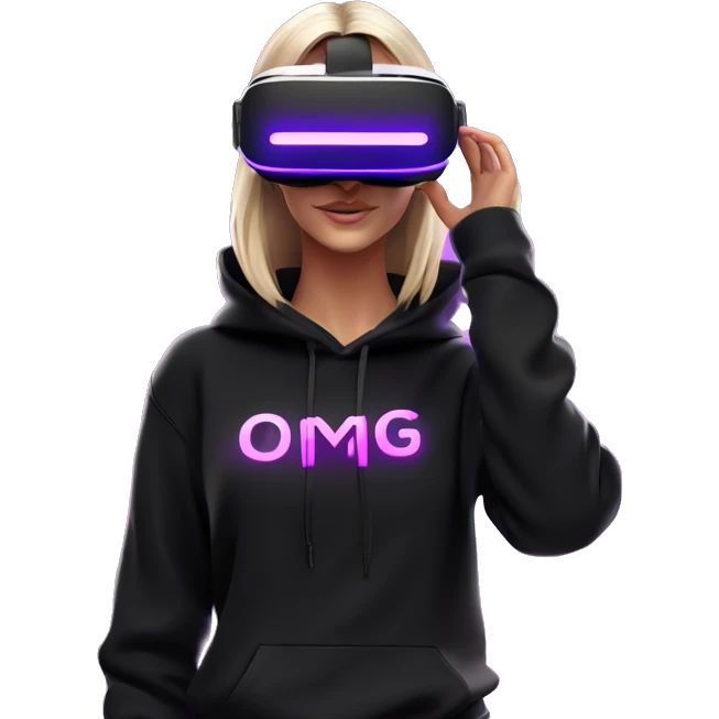 Russian girl wearing black hoody with violet letters "OMG", in vr headset oculus quest2. Standing like jedi. Cyberpunk style. Violet neon. emoji