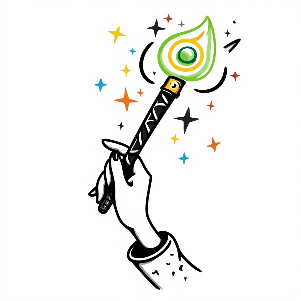 hand holding a magical wand with colorful glowing light around it emoji